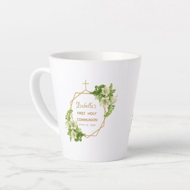 Caneca De Café Latte Primeira Comunhão Lírios Florais Cruz Dourada Geom (Ângulo esquerdo)