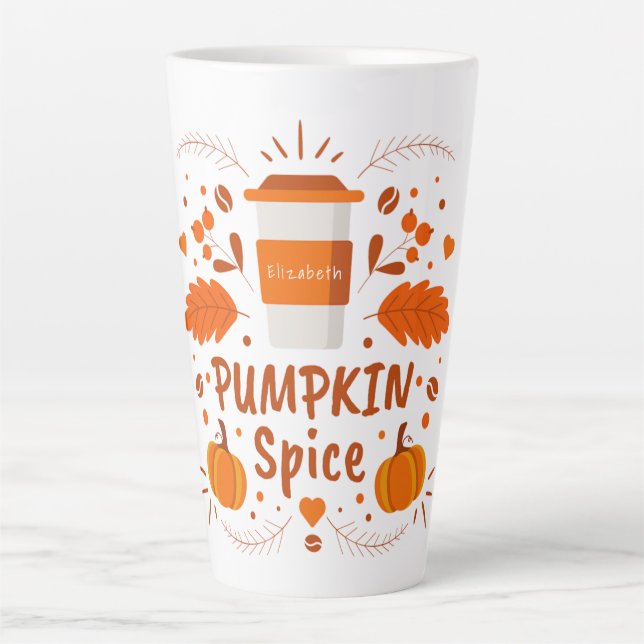 Caneca De Café Latte Pumpkin personalizado café com especiarias, folhas (Frente)