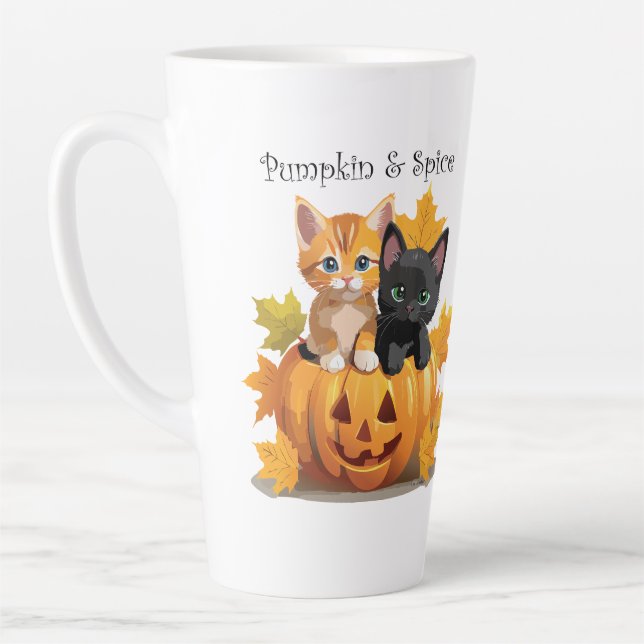 Caneca De Café Latte Pumpkin & Spice Kittens Jack-o-Lanterna Latte (Esquerda)