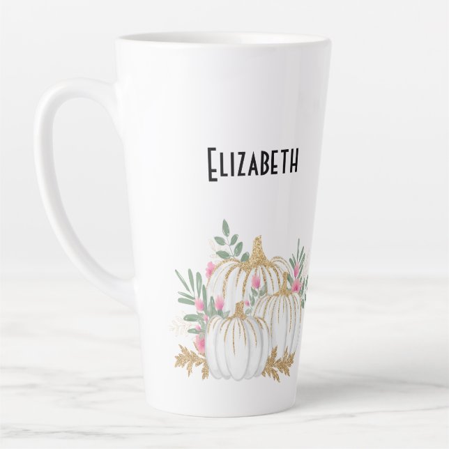 Caneca De Café Latte Pumpkins branco e Dourado Aquarela (Esquerda)