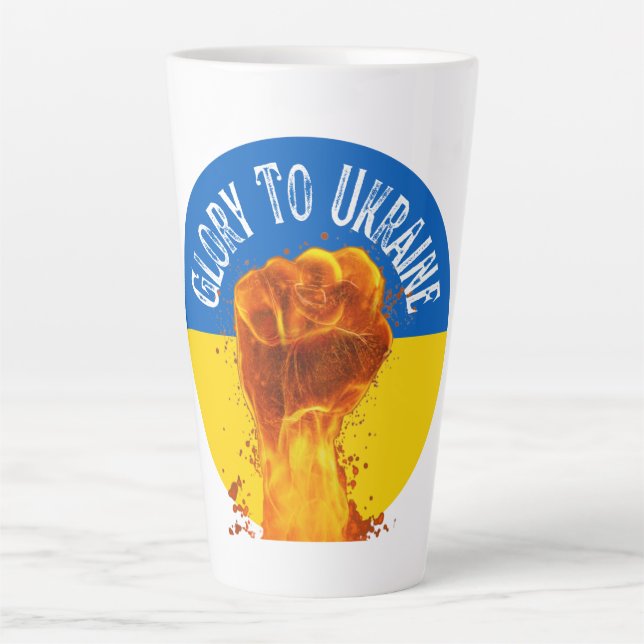 Caneca De Café Latte Punho Flamejante Bandeira da Ucrânia Resistência  (Frente)