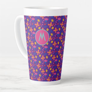 Caneca De Café Latte Purple Fiesta Floral Personalizada Inicialmente