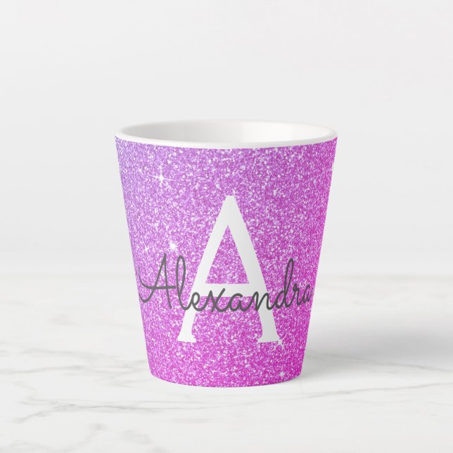 Caneca De Café Latte Purple Pink Sparkle Monograma Nome Inicial (Frente)