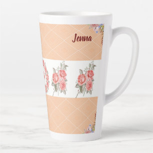 Caneca De Café Latte Quadrados de Pêssego & Rosas