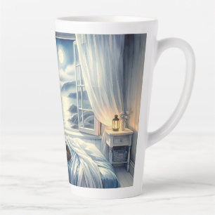 Caneca De Café Latte Quarto Costeiro ao Luar com Gato Adormecido