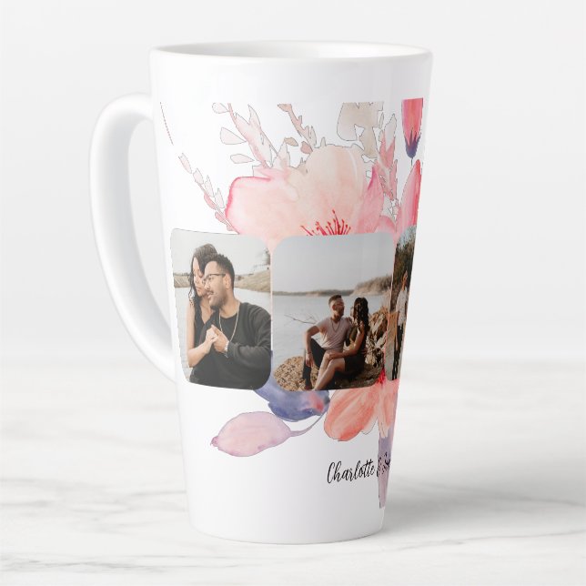 Caneca De Café Latte Quatro fotos personalizadas e Flor de Texto (Ângulo esquerdo)