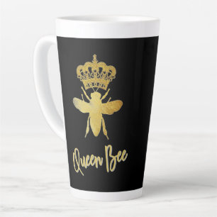 Caneca De Café Latte ★ QUEEN BEE BEE ★ Crown Dourada + Latte Preta