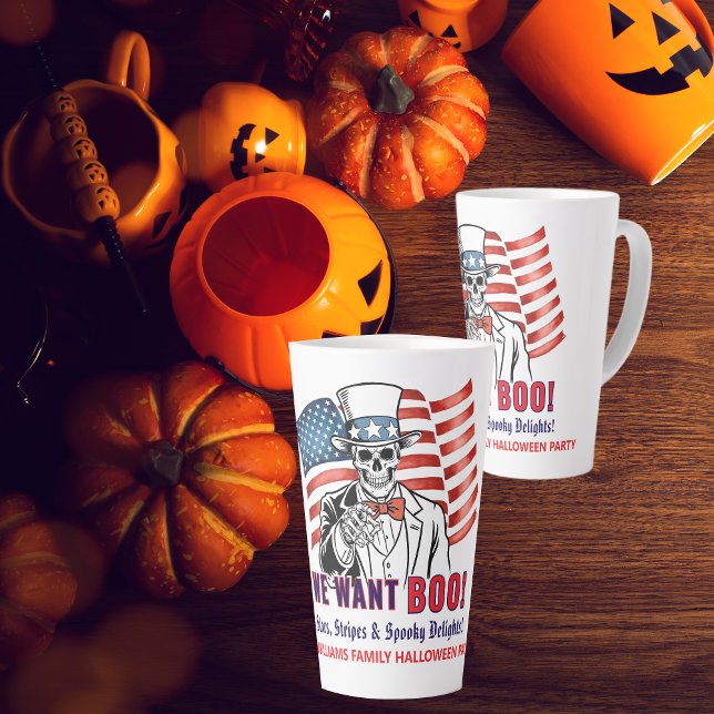 Caneca De Café Latte Queremos o esqueleto de Halloween Patriótico Tio S (Uncle Sam Skeleton We Want BOO Funny Halloween Party Birthday Coffee Lover Gift )