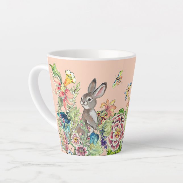 Caneca De Café Latte Rabbit Whimsso Blush Pink Chinoiserie Floral La (Ângulo esquerdo)