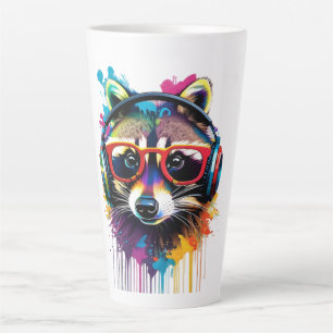 Caneca De Café Latte Raccoon em fones de ouvido e óculos