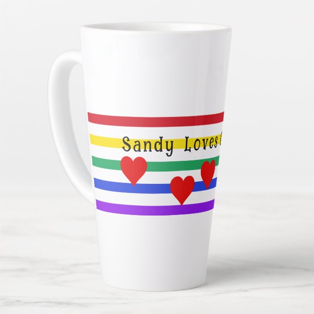 Caneca De Café Latte Rainbow Stripes Corações Nomes Personalizados Late (Ângulo esquerdo)