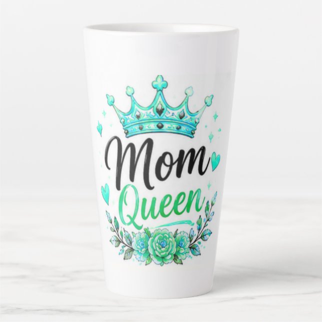 Caneca De Café Latte Rainha Mãe Coroa Teal Floral (Frente)