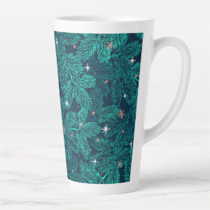 Caneca De Café Latte Ramos de Pinheiro Azul com Flocos de Neve Brancos
