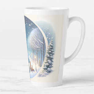 Caneca De Café Latte Raposas de Inverno junto ao Rio Nevado sob Luar
