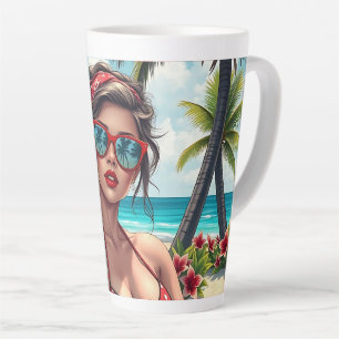 Caneca De Café Latte Red Bikini, óculos de sol e mulher Bandana