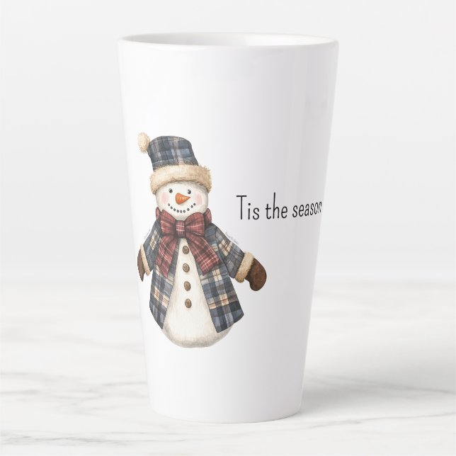 Caneca De Café Latte Red Blue Plaid Christmas Snowman (Frente)