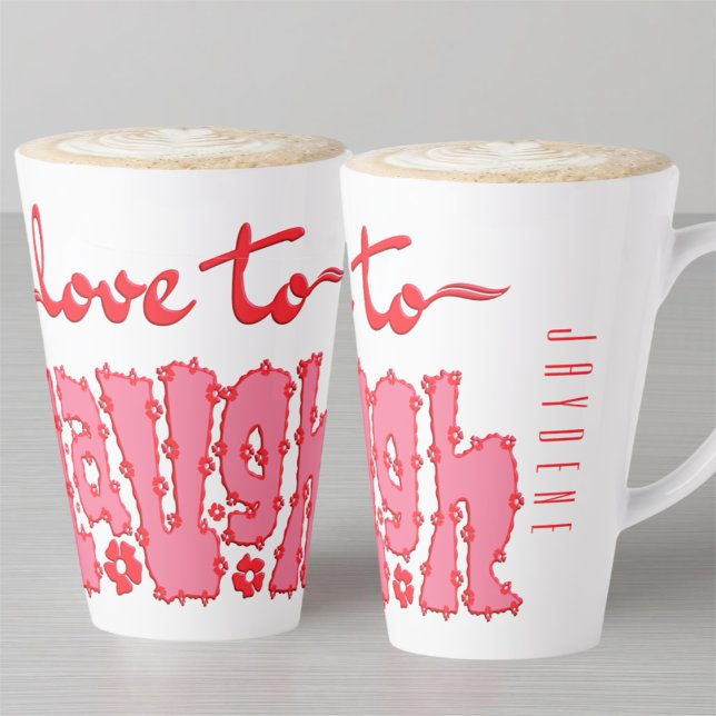 Caneca De Café Latte Red Floral Chunky Text Slogan With Name (A beautiful mix of elegant cursive script and bold, floral-detailed block lettering in red and pink.)