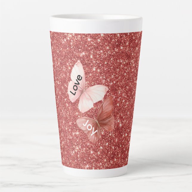 Caneca De Café Latte Red Glitter Pink Love Joy Butterflies (Frente)