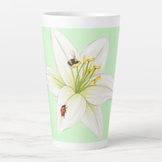 Caneca De Café Latte Red Ladybug cor-de-rosa Lily Flower (Frente)