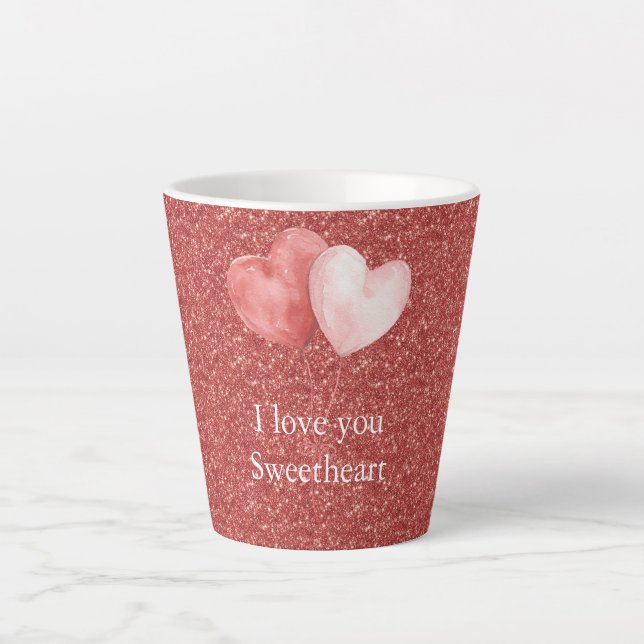 Caneca De Café Latte Red Pink Heart Balloons Glitter Sweetheart (Frente)