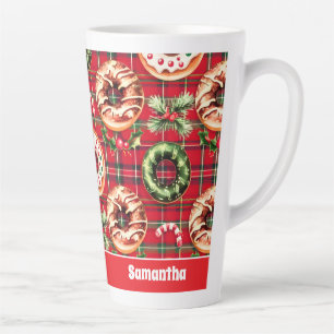 Caneca De Café Latte Red Retro Natal Rosquinhas Red Tartan Xadrez
