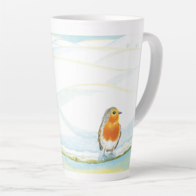 Caneca De Café Latte Red Robin Bird & Winter Landscape (Ângulo direito)