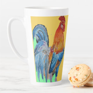 Caneca De Café Latte Red Rooster Watercolor Cockerel Chicken Art