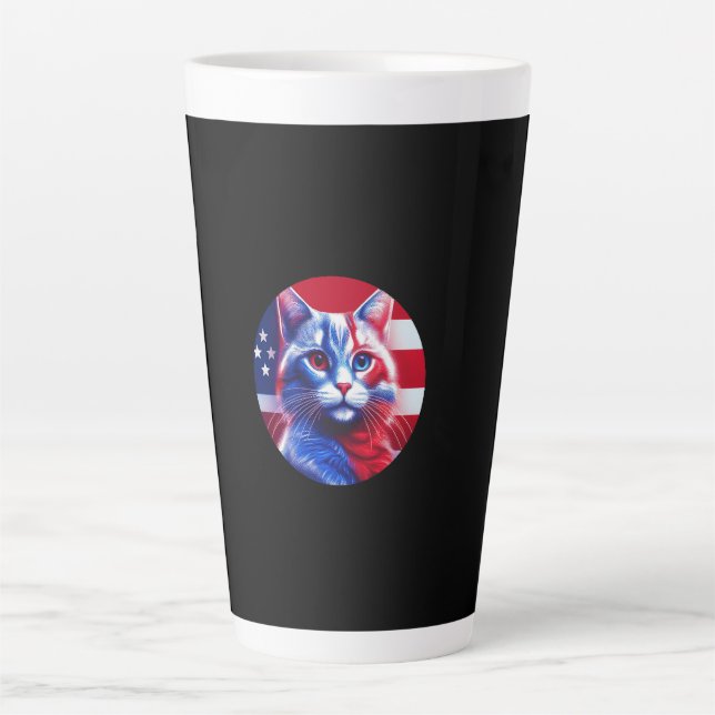 Caneca De Café Latte Red White & Blue Cat With American Flag Background (Frente)