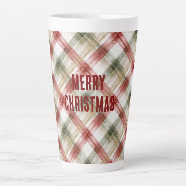 Caneca De Café Latte Red White Green Plaid Stripes Christmas (Frente)
