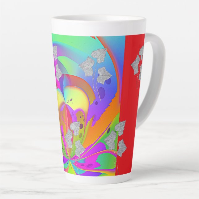 Caneca De Café Latte Redemoinho de Arco-íris Com Folhas (Ângulo direito)