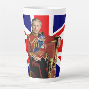 Caneca De Café Latte Rei Carlos III com bandeira britânica