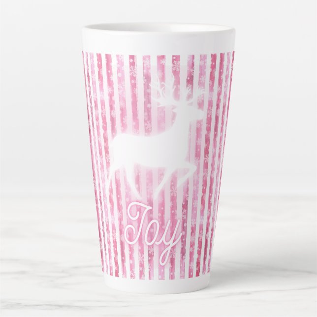 Caneca De Café Latte Reindeer de Alegria Rosa e Branco de Natal (Frente)