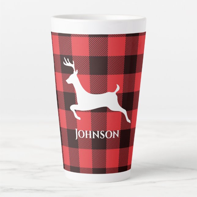 Caneca De Café Latte Reindeer Red & Black Tartan Patteran Xadrez Buffal (Frente)