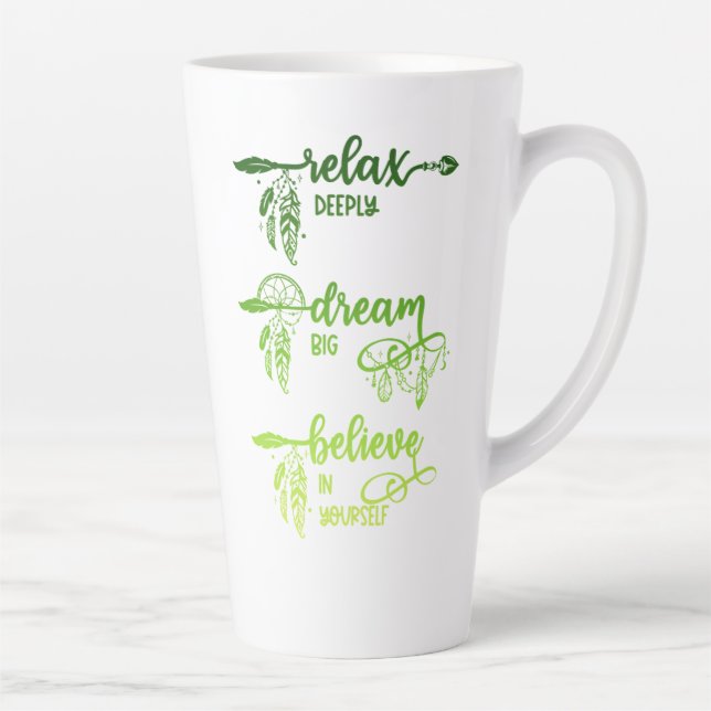 Caneca De Café Latte Relax, Dream, Believe, Green Ombre Boho Latte Mug (Direita)