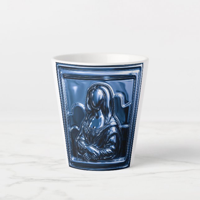 Caneca De Café Latte Relevo Mona Lisa em Cromo Azul (Frente)