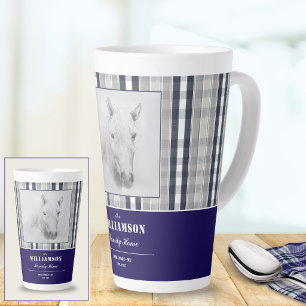 Caneca De Café Latte Retrato de Cavalo Xadrez Azul Marinho Nome Persona