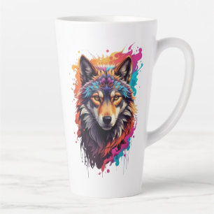 Caneca De Café Latte Retrato de Lobo Colorido Arte Abstrata de Animal-8