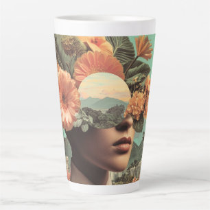 Caneca De Café Latte Retrato Feminino Surrealista com Elementos Florais
