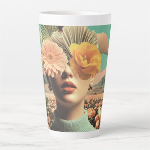 Caneca De Café Latte Retrato Feminino Surrealista com Flores Cobrindo o