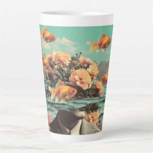 Caneca De Café Latte Retrato Surrealista com Flores de Peixinho e Ocean