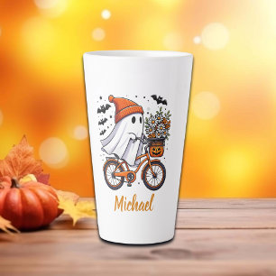 Caneca De Café Latte Retro Fantasma no Halloween de Bicicleta