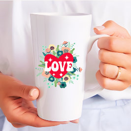 Caneca De Café Latte Retro Floral Heart Love Red Dia de os namorados
