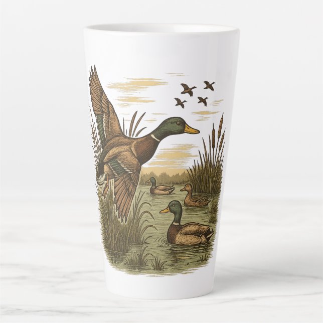 Caneca De Café Latte Retro-Flying-Mallard-Duck-Hunting (Frente)