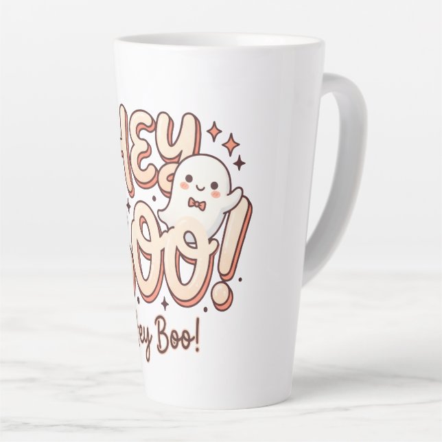Caneca De Café Latte Retro Ghost "Ei, Boo!" (Ângulo direito)
