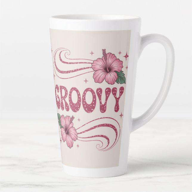 Caneca De Café Latte Retro Groovy Pink Hibiscus Latte Mug (Direita)