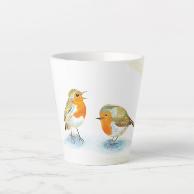 Caneca De Café Latte Robins vermelhos em pequeno inverno (Frente)