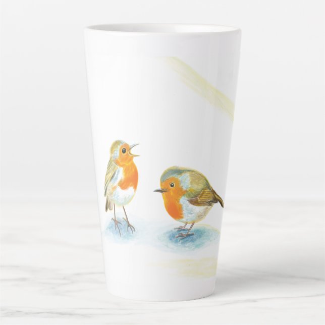 Caneca De Café Latte Robins vermelhos no inverno (Frente)
