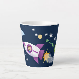 Caneca De Café Latte Rockets em ilustração de desenhos animados espacia