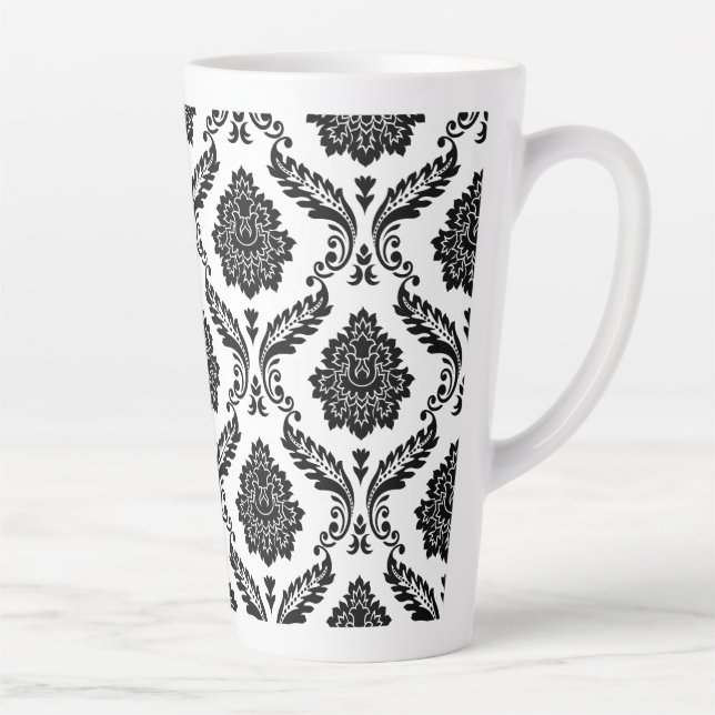 Caneca De Café Latte Rococó Damask Grande Padrão Preto no Branco (Direita)