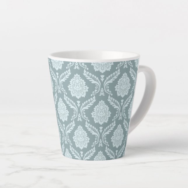 Caneca De Café Latte Rococo Damask Pattern Duck Egg Blue+Teal (Ângulo direito)
